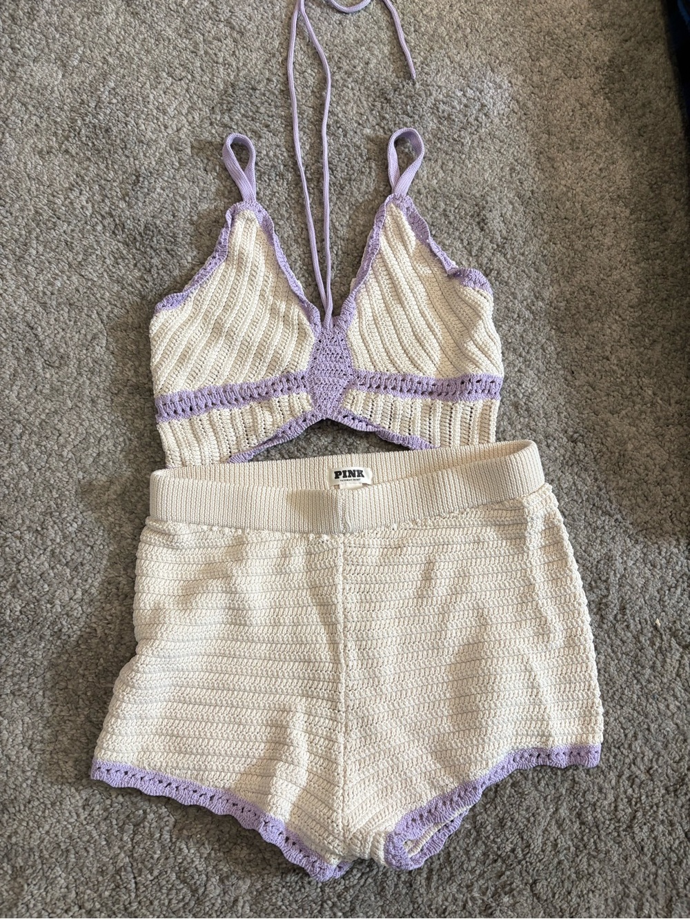 PINK Victoria's Secret Cream and Lavender Crochet Bralette & Shorts Set